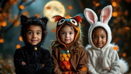 Children in animal costumes celebrate halloween night in forest with full moon. Halloween, All Hallows Eve, Samhain - Spooky Holiday Season, Fall Festival Celebration
