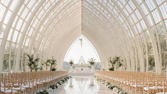 Elegant wedding chapel interior with rows of chairs and floral arrangements