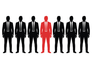 A striking red suited man prominently stands out in a line of black identical figures