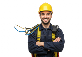 Happy male worker wearing a yellow hard hat and safety harness, smiling confidently with arms crossed, isolated on transparent background