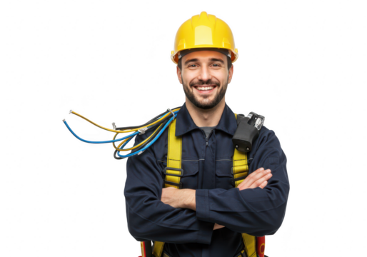 Happy male worker wearing a yellow hard hat and safety harness, smiling confidently with arms crossed, isolated on transparent background