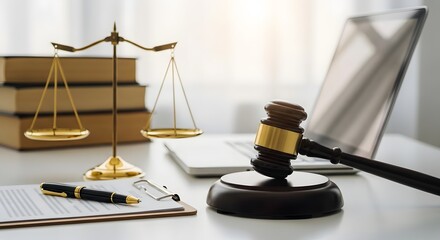 Modern law office scene featuring scales of justice, gavel, and laptop for legal blogs, finance, and courtroom dramas, ideal for websites and marketing materials about law and justice