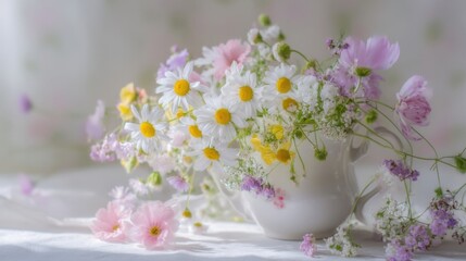 An elegant tea cup filled with white daisies, pink blossoms, yellow cosmos blooms, purple sprigs,