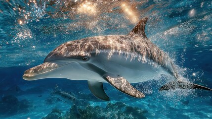 Naklejka premium Dolphin swimming in deep blue ocean with shimmering body under sunlight, surrounded by gentle waves and marine life, ultra-detailed realistic wide-angle shot with cinematic lighting