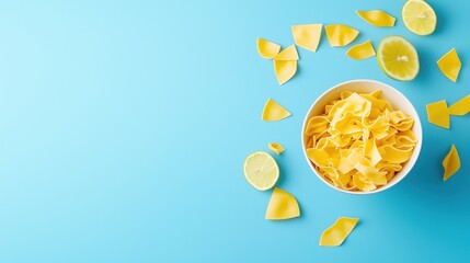 A flying bowl of pasta al limone, freeze motion, balanced composition, vibrant colors, copy space, advertising background