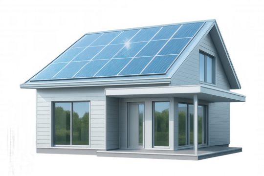 White modern house with solar panels on the roof, promoting renewable energy and sustainable living with transparent background - Powered by Adobe