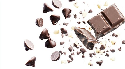 Fototapeta premium Flying chocolate chips against a bright white background, dynamic and commercial poster-style product photography