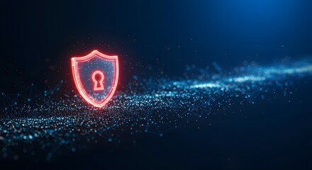 Cybersecurity shield protecting data with glowing red outline against a digital network background