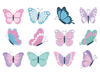 A charming collection of stylized pastel butterflies with delicate wings and varying poses