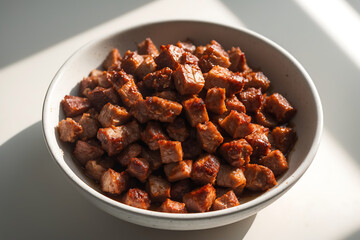 Fototapeta premium Bowl of delicious roasted pork cubes served as a tasty and protein rich meal