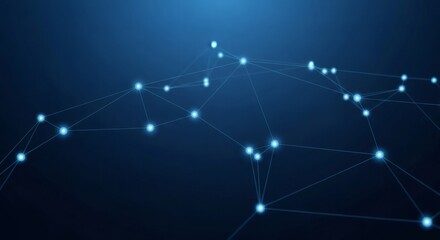 Abstract digital network connection with glowing nodes and lines on a dark blue background representing futuristic technology and data communication.