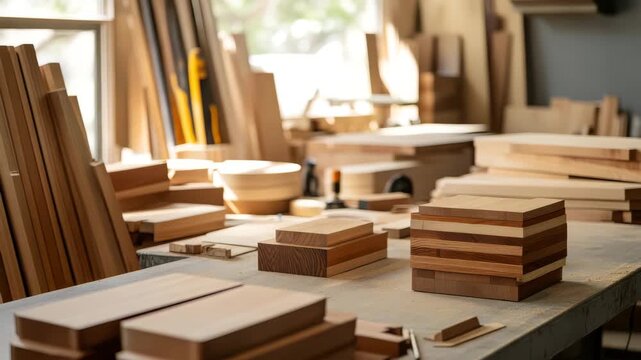 Wooden blocks plank and board arranged on workbench in bright carpentry workshop filled with natural light showcasing timber craft and woodworking tools creating warm creative atmosphere