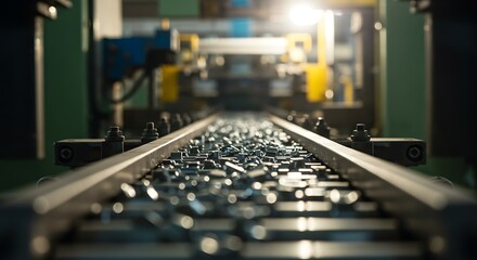 Fototapeta premium Automated assembly line with shiny metal parts on a moving conveyor, perfect as a visual asset for an industrial process efficiency mockup presentation.
