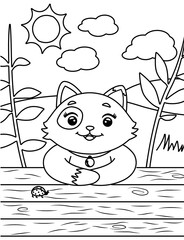 Cat in the Field Coloring Page