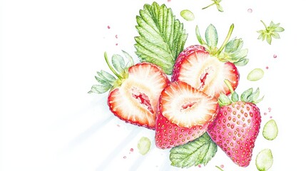 Sliced strawberries tumbling through light beams, natural textures highlighted, suitable for healthy snack promotions
