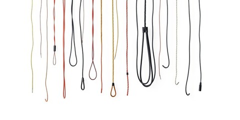 Isolated hanging cables, various lengths and angles against white background, background, metallic