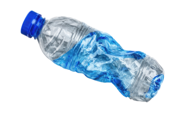 A plastic water bottle, distorted and slightly crumpled, filled with a light blue liquid, with a blue cap