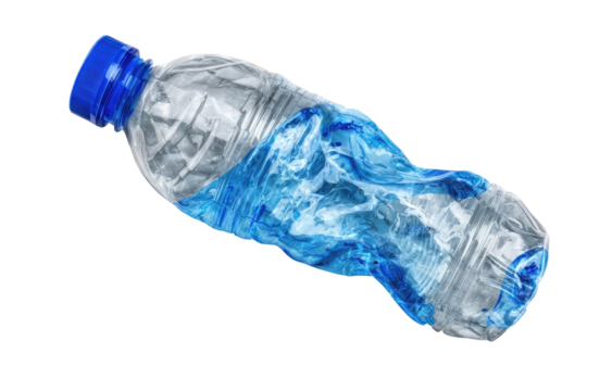 A plastic water bottle, distorted and slightly crumpled, filled with a light blue liquid, with a blue cap