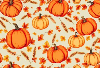 Hand-drawn autumn seamless pattern featuring pumpkins, oat stalks, and fall foliage,  repeat,  fabric