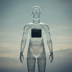 Abstract representation of consciousness, transparent figure with enclosed core mystery