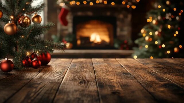 Christmas tree decoration with red and gold baubles near wooden table and cozy fireplace warm light festive atmosphere blurred background winter celebration seasonal decor warm glow