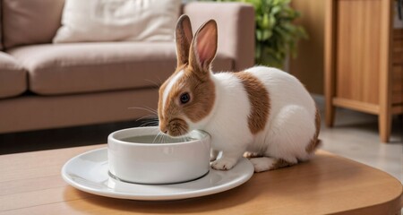 Rabbit drinking water from bowl in cozy living room