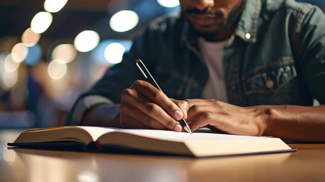 Man writing in a journal at night