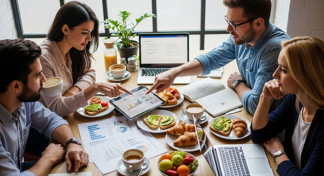 Business team meeting breakfast discussing financial data on tablet and laptop computers in office space