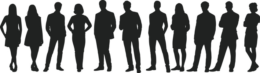 Silhouette of business people in standing poses, corporate team vector illustration, professional group outline for office, teamwork, career, and leadership conce