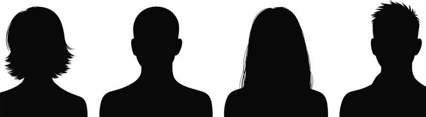 Silhouette profile of diverse people, male and female, head and shoulders view, black vector illustration for identity, avatar, and business design