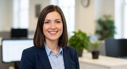 Professional headshot of smiling businesswoman in office setting for corporate website profile picture