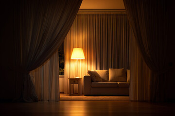 Night in a living room with curtains closed A home assistant dims the lights and locks the doors