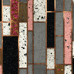 Bauhaus linear stripe pattern with terrazzo chips and metallic copper edges