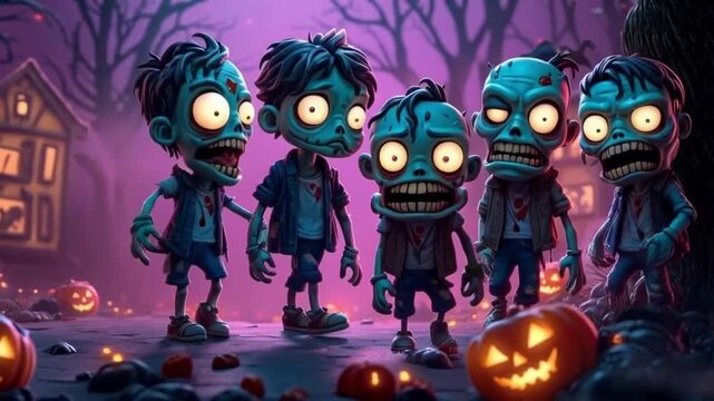 Cartoon zombies walking at night with pumpkins and bats in a halloween themed background halloween zombie video
