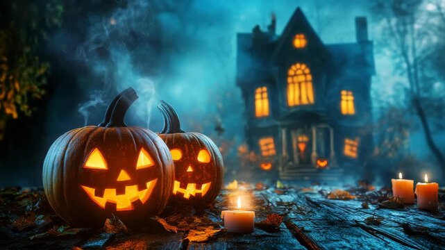 Halloween pumpkin lantern glowing candle spooky house bat fog night autumn leaves eerie atmosphere with bats flying around haunted wooden surface