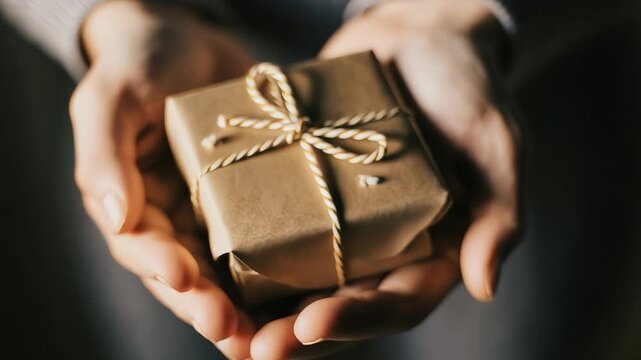 Wrapped gift box held in hands shows a thoughtful gesture of giving and receiving