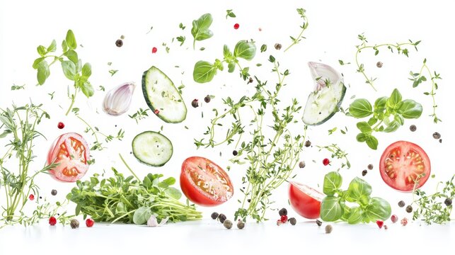 Frozen motion of chopped herbs scattering upwards, rustic charm meets contemporary style for cooking essentials