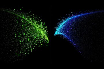 Two abstract, particle-based designs, vibrant green/yellow and blue/purple, on black background