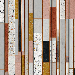 Bauhaus linear stripe pattern with terrazzo chips and metallic copper edges