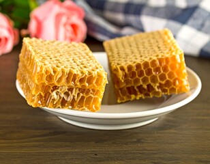 Two honeycomb pieces on a small white plate, resting on a dark wooden surface