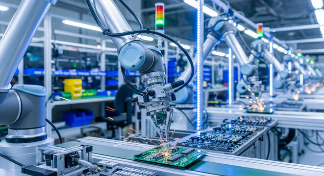 Automated robotic arms soldering circuit boards in a modern electronics manufacturing factory setting