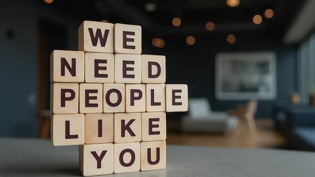 Message with wooden blocks displaying the words we need people like you in a modern office