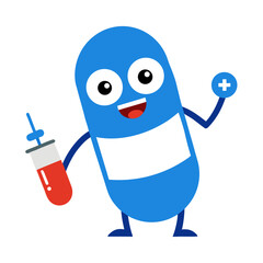 Capsule Mascot Medical Health Care Logo Vector Illustration with Pill Mascot Holding Injection
