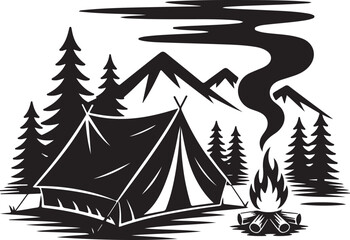 Tent camp with campfire and mountain silhouette
