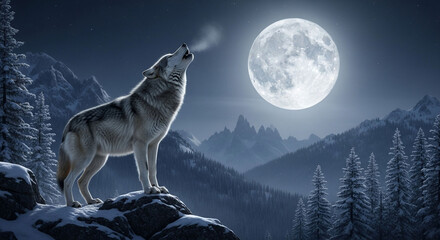Wolf howling at the moon digital art wallpaper background desktop wallpaper full moon winter landscape