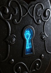 Mystical keyhole with glowing inner light amidst intricate metalwork patterns design