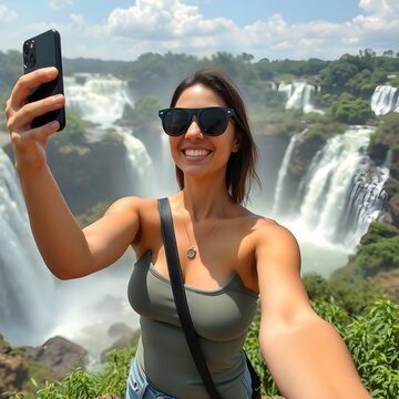Una hermosa mujer hispana fotografi&aacute;ndose frente a una cascada.