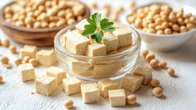 Tofu cube in glass bowl garnished with fresh parsley leaf surrounded by soybeans in wooden and ceramic bowls on white textured surface showcasing healthy vegan protein and plant based food options
