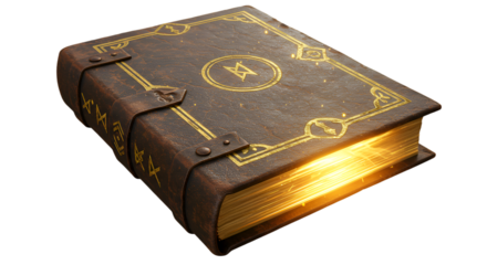 Leather bound spellbook with golden light, magic