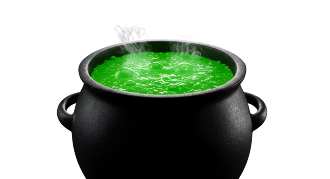 Bubbling green potion in a black cauldron